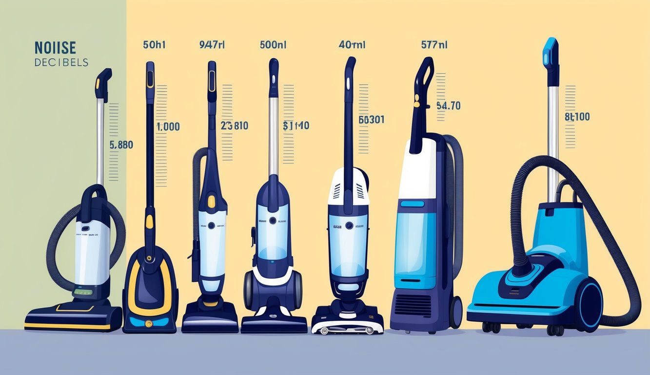 Combien de décibels pour un aspirateur silencieux : Guide des niveaux sonores et choix d'appareils efficaces 3 Une variété d'aspirateurs émettant différents niveaux de bruit, avec un accent sur un aspirateur silencieux mesurant son niveau de décibels.