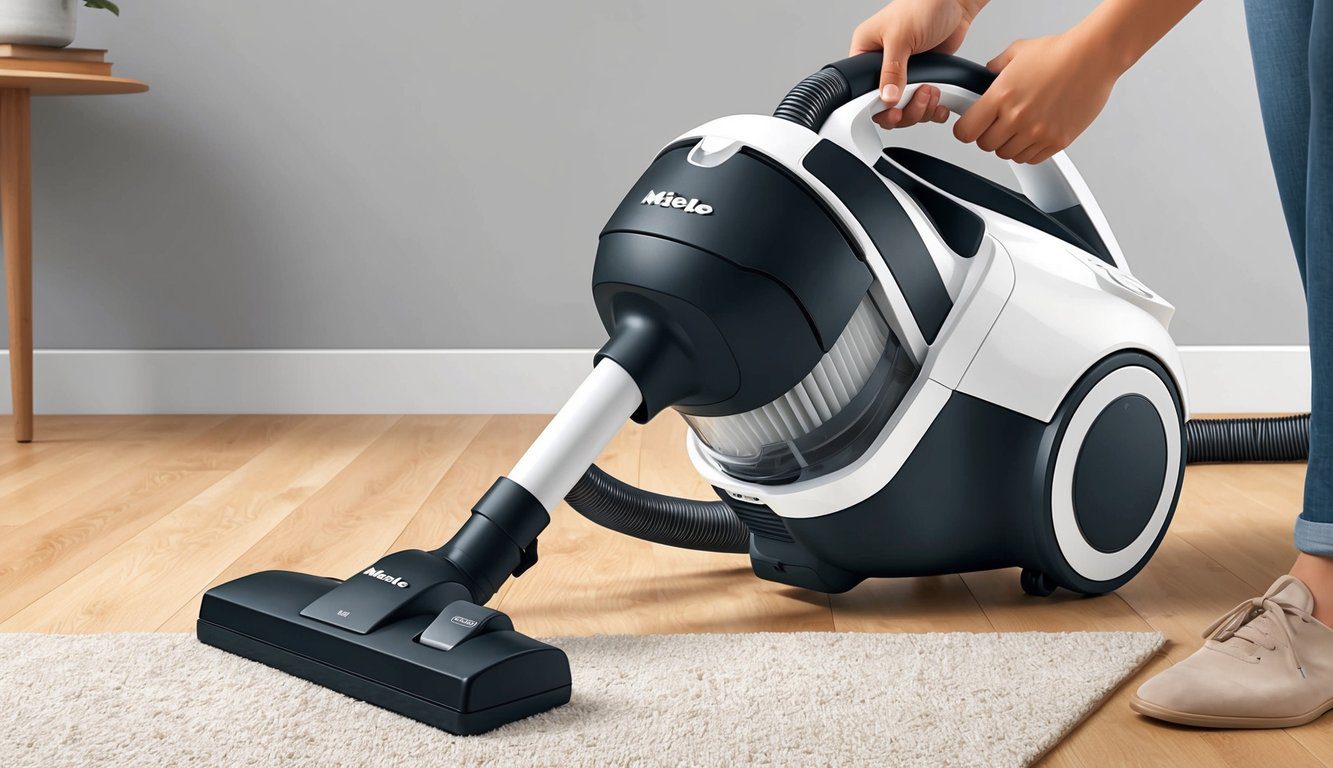 Comment changer filtre aspirateur Miele Complete C3 : Guide étape par étape 2 Un aspirateur Miele Complete C3 avec son filtre en cours de changement, montrant le processus de manière claire et précise.