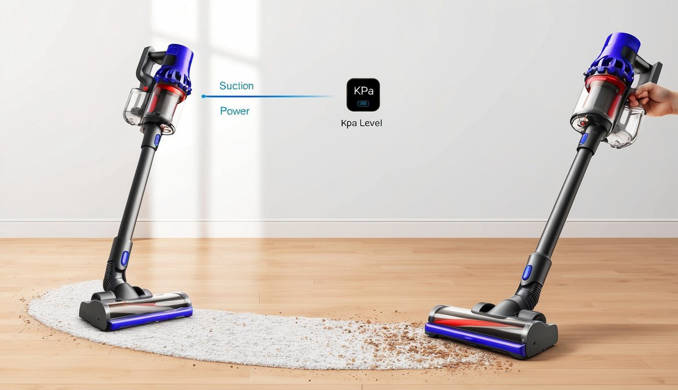 Combien de kPa pour un aspirateur balai : Guide de performance et choix optimal 2 Un aspirateur sans fil avec des réglages de puissance d'aspiration réglables et un affichage numérique montrant le niveau en kPa