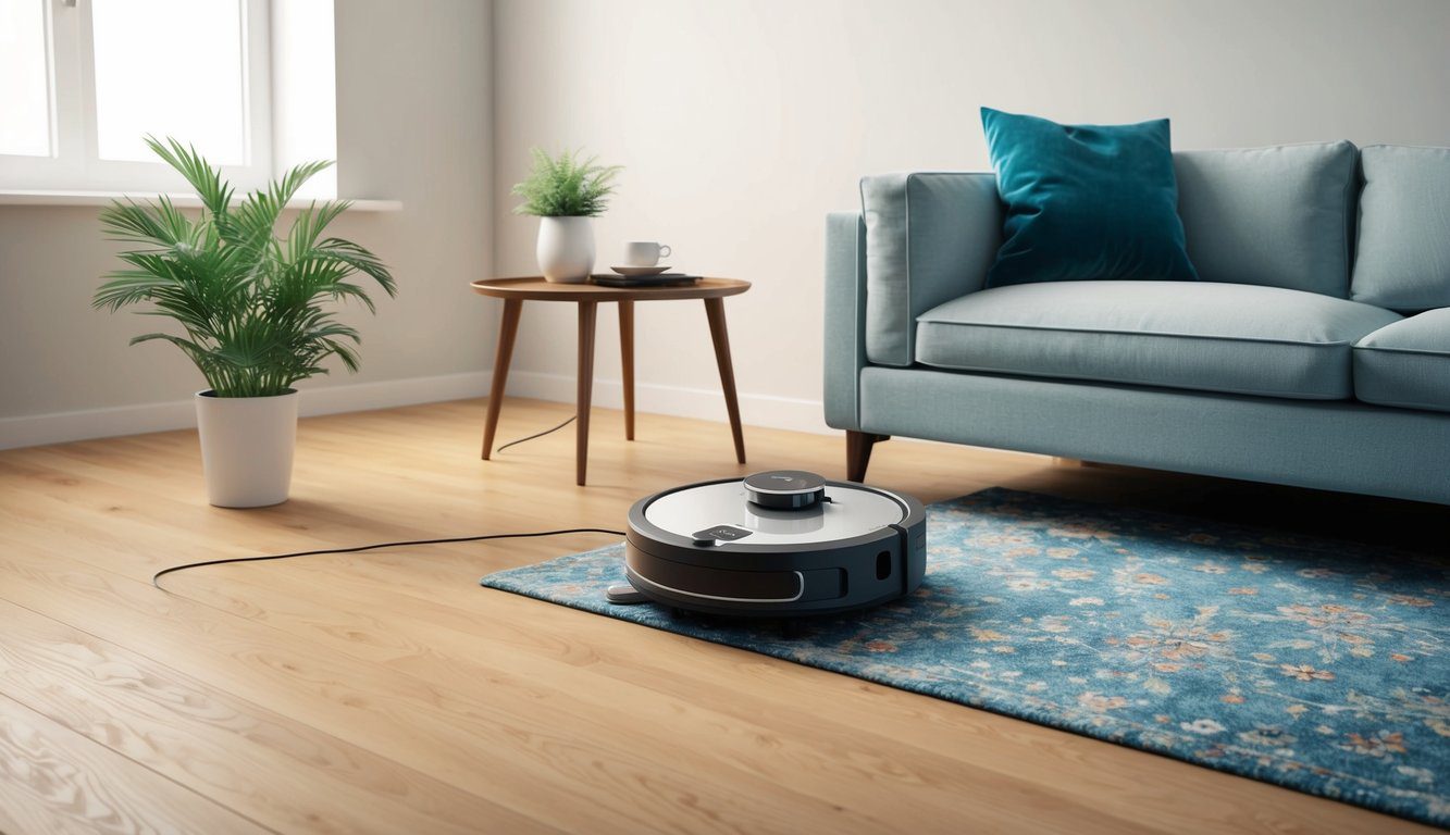 Faut-il laisser brancher un aspirateur robot ? Conseils et recommandations pour une utilisation optimale 1 Un aspirateur robot branché et en charge dans un salon bien rangé