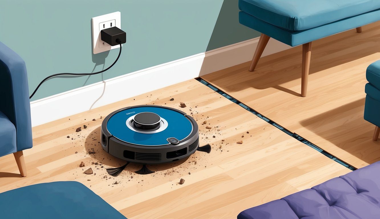 Faut-il laisser brancher un aspirateur robot ? Conseils et recommandations pour une utilisation optimale 2 Une illustration d'un robot aspirateur branché à une source d'énergie, naviguant autour des meubles et des débris sur le sol.