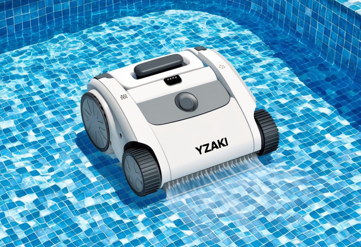 Un aspirateur de piscine robotique (Avis aspirateur piscine yzaki) nettoyant le fond d'une piscine bleue étincelante.