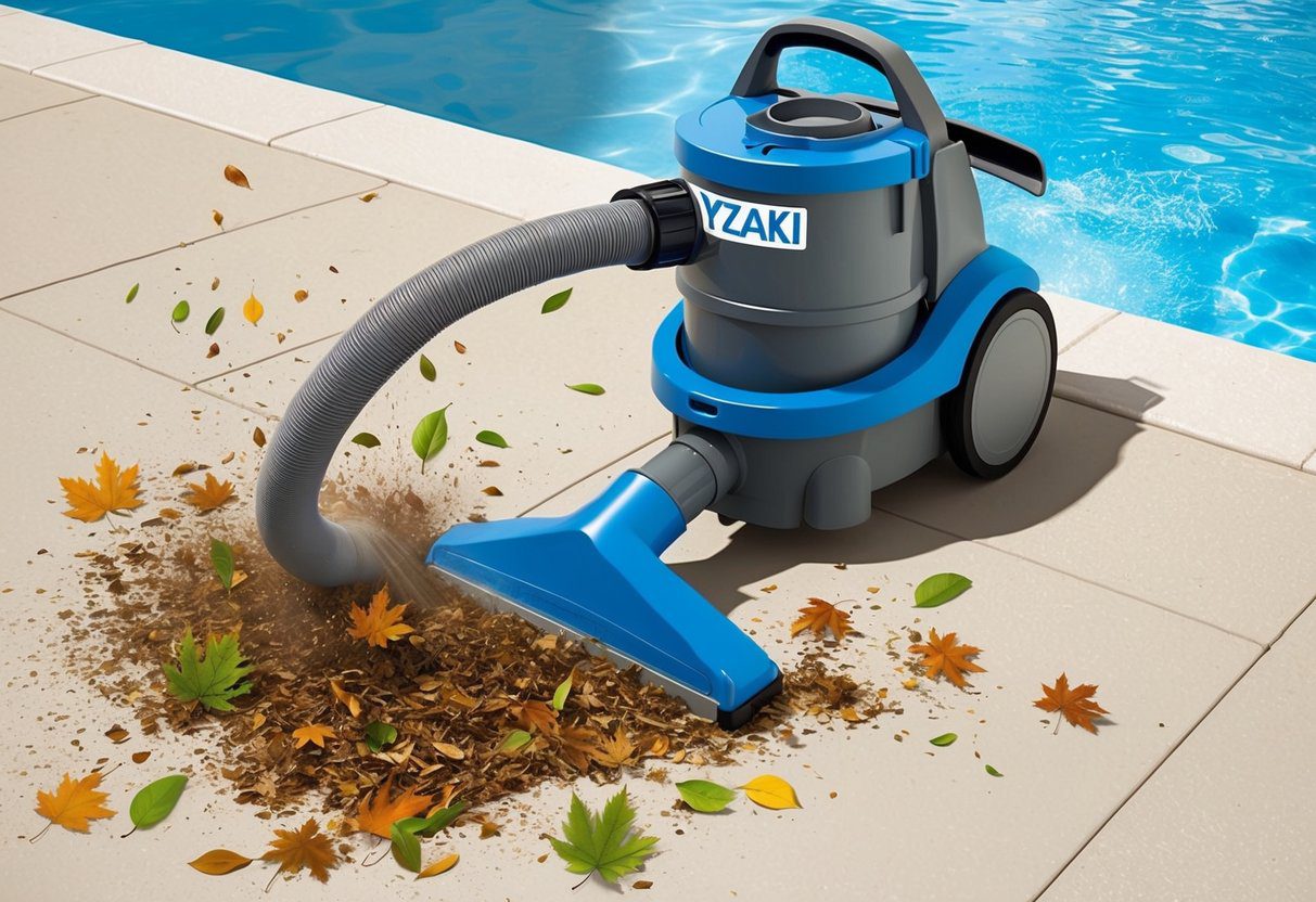 Un aspirateur de piscine Yzaki en action, nettoyant les feuilles et les débris du fond de la piscine avec une puissance d'aspiration et une manœuvrabilité efficace.