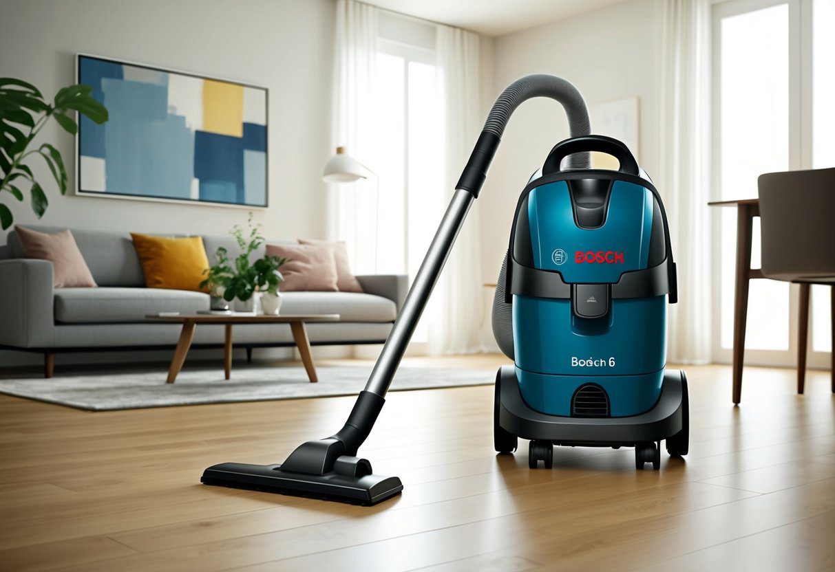 Un aspirateur Bosch Série 6 nettoie sans effort le sol d'un salon bien rangé avec précision et rapidité.