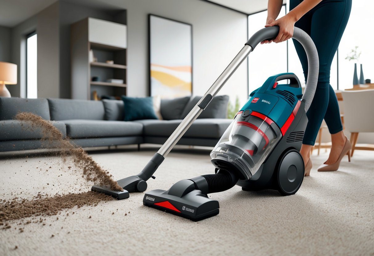 Un aspirateur Bosch série 6 en action, nettoyant la poussière et les débris d'un sol en tapis dans un salon moderne