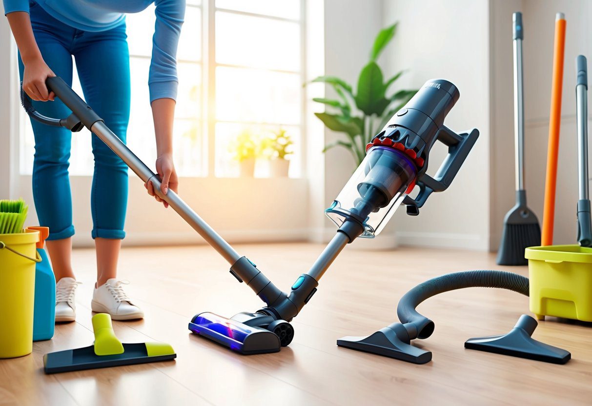 Un aspirateur sans fil en cours de nettoyage et d'entretien dans une pièce bien éclairée avec divers outils et accessoires de nettoyage à proximité.