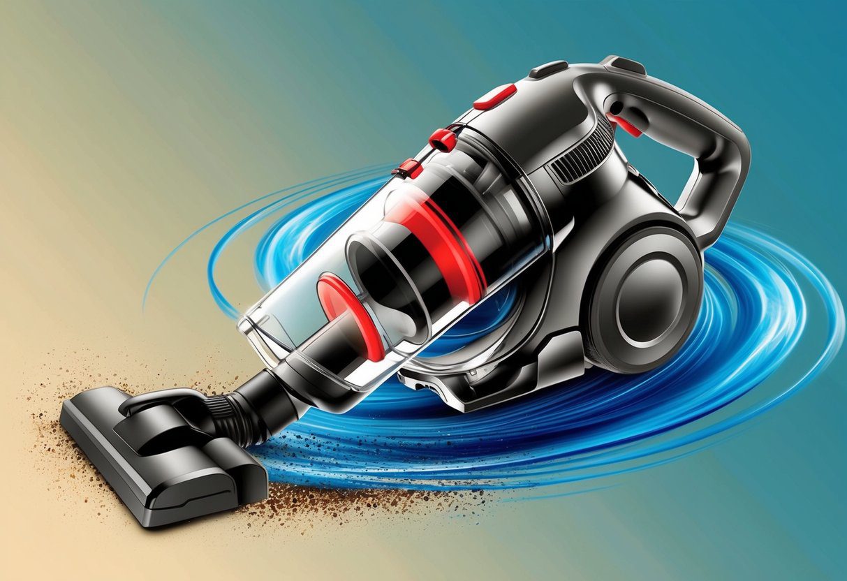 Avis aspirateur balai vortex : performance et efficacité au quotidien 3 Un aspirateur élégant et moderne tournoyant avec la technologie des vortex en action