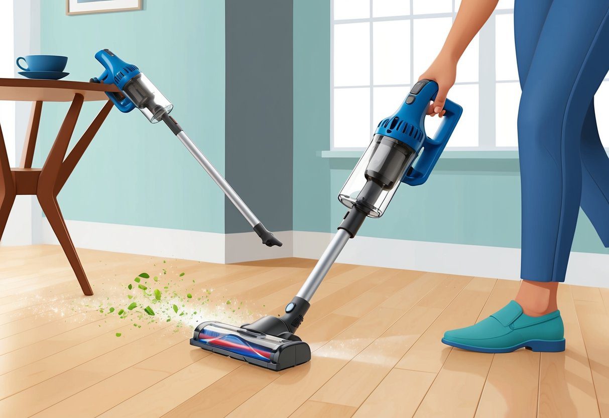 Aspirateur balai et de table 2 en 1 sans fil SEVERIN HV7152 : Avis et Performances 1 Un aspirateur sans fil 2 en 1, balai et à main, par SEVERIN, le HV7152, en action, nettoyant sans effort à la fois les sols et les tables.