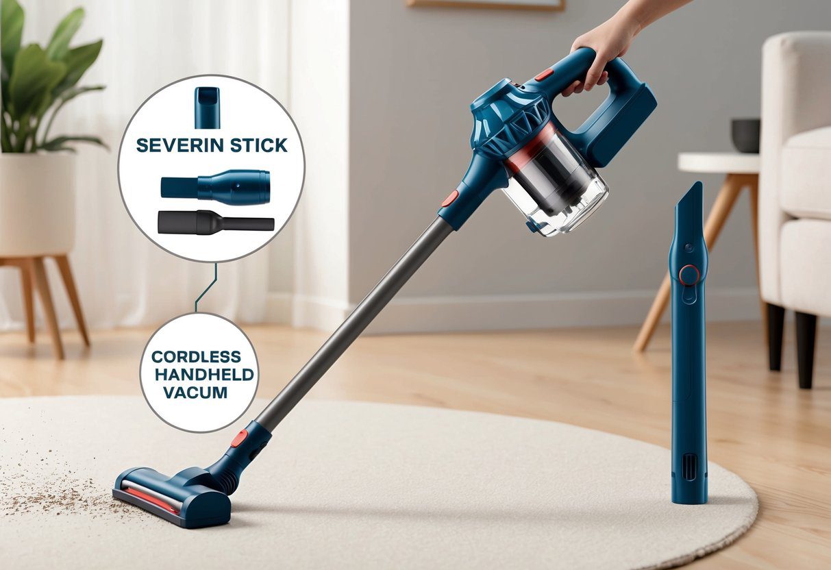 Aspirateur balai et de table 2 en 1 sans fil SEVERIN HV7152 : Avis et Performances 4 Un aspirateur balai et à main sans fil 2-en-1 élégant de SEVERIN, avec des caractéristiques spécifiques, en action