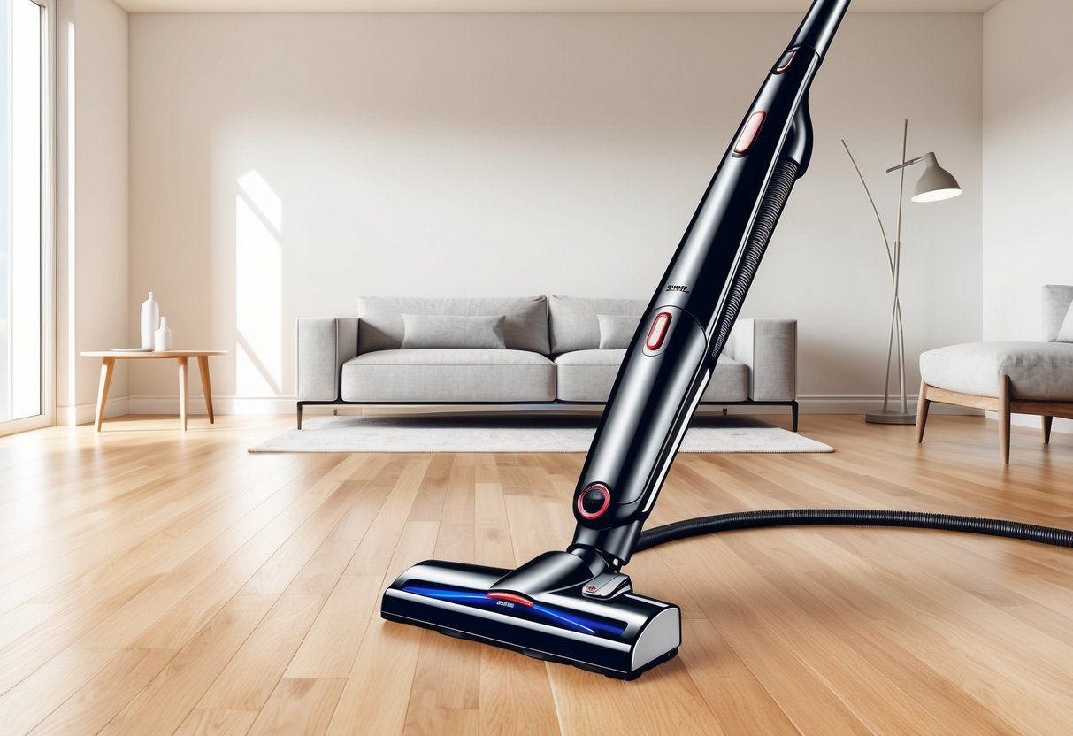 Avis Aspirateur Balai Multifonction Rowenta Yy5275fe : Performance et Polyvalence au Rendez-vous 2 Un aspirateur moderne et élégant dans une pièce propre et bien éclairée avec des sols en bois franc et un mobilier minimal.