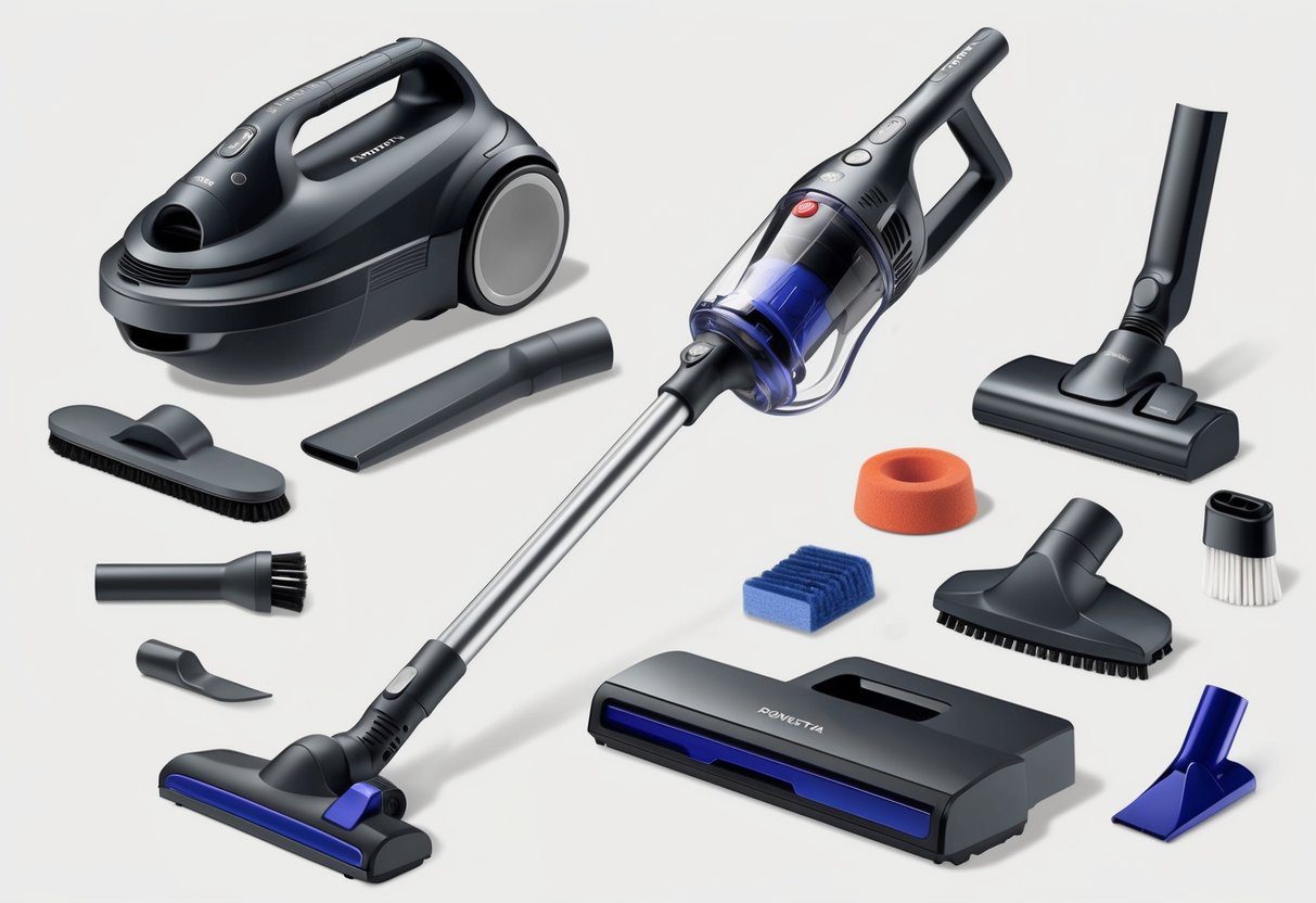 Avis Aspirateur Balai Multifonction Rowenta Yy5275fe : Performance et Polyvalence au Rendez-vous 4 Un aspirateur balai multifonction Rowenta YY5275FE élégant et moderne, entouré de divers accessoires et outils de nettoyage.