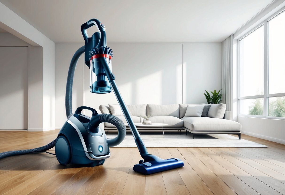 Un aspirateur élégant et moderne dans un salon épuré et minimaliste avec un sol en bois franc et une grande fenêtre laissant entrer la lumière naturelle.