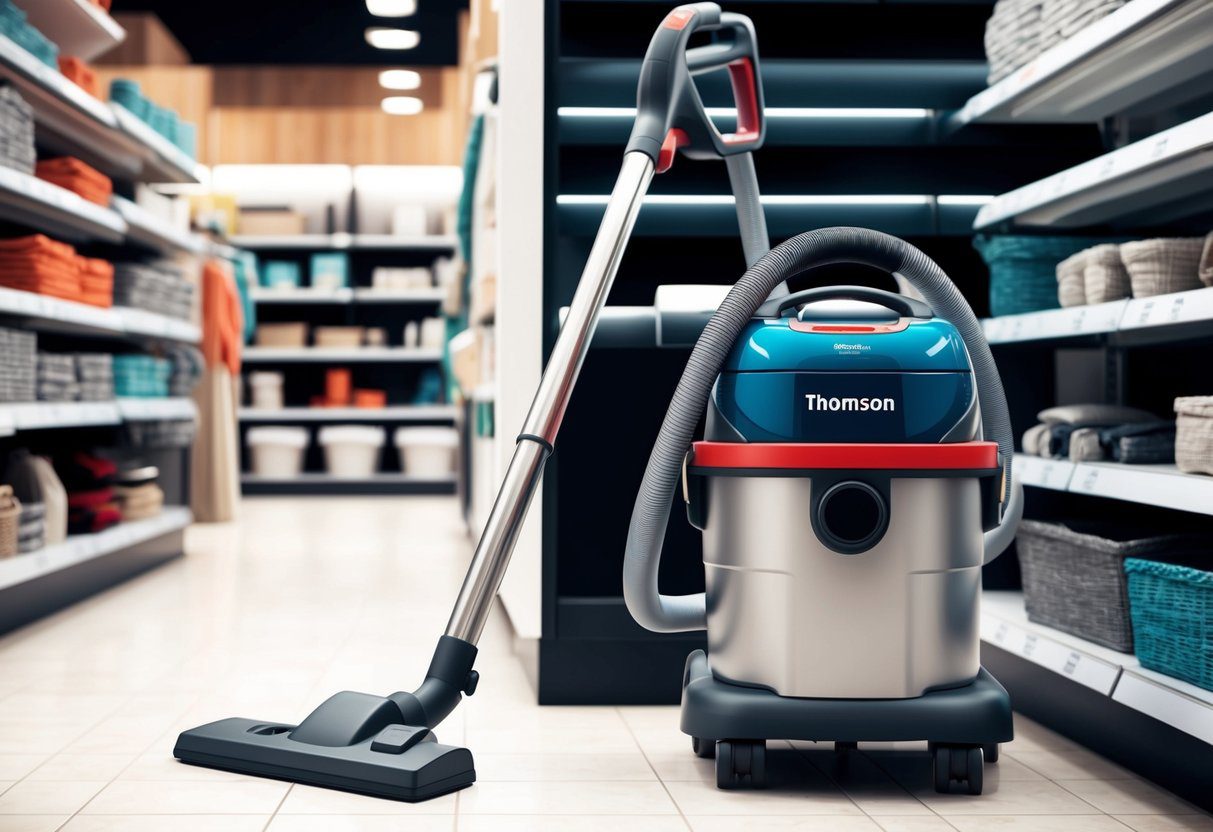 Un aspirateur Thomson exposé dans une allée d'un magasin Carrefour