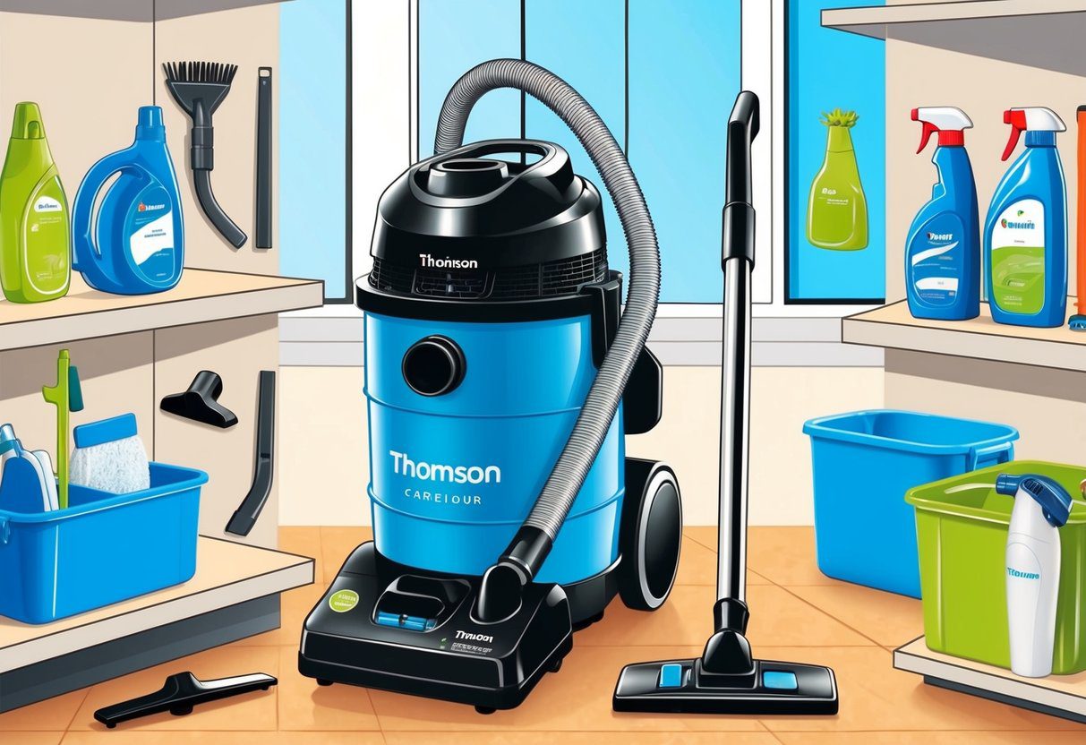 Une illustration de l'aspirateur Thomson en exposition chez Carrefour, avec le produit mis en avant et entouré de divers accessoires de nettoyage.