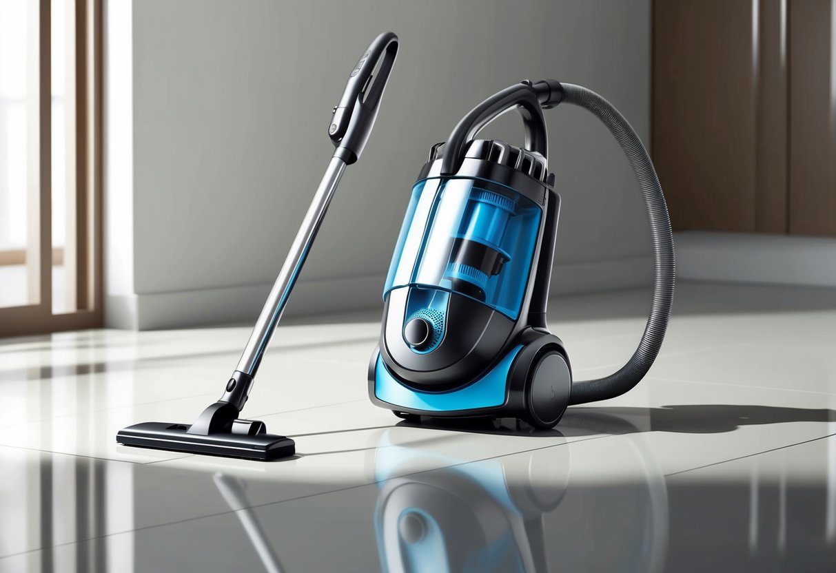 Avis aspirateur balai Rowenta X-Force Flex 15.60 RH99F1WO : Performance et efficacité testées 1 Un aspirateur élégant et moderne se tient debout sur un sol propre et poli, avec son embout d'aspiration flexible et puissant prêt à l'action.