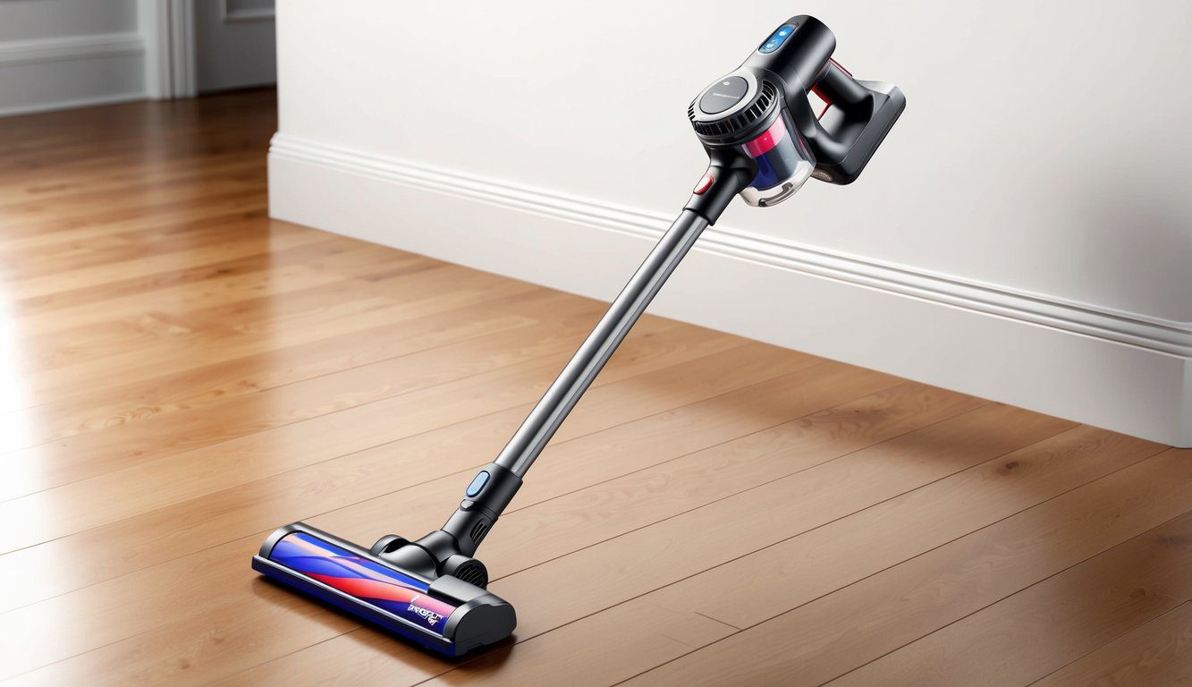 Aspirateur balai Fagor Premium 300W : Performance et Efficacité de Nettoyage 2 Un élégant aspirateur sans fil Fagor Premium de 300W se tient debout sur un sol en bois franc propre, avec son manche extensible et sa tête de brosse rotative prêts à l'emploi.