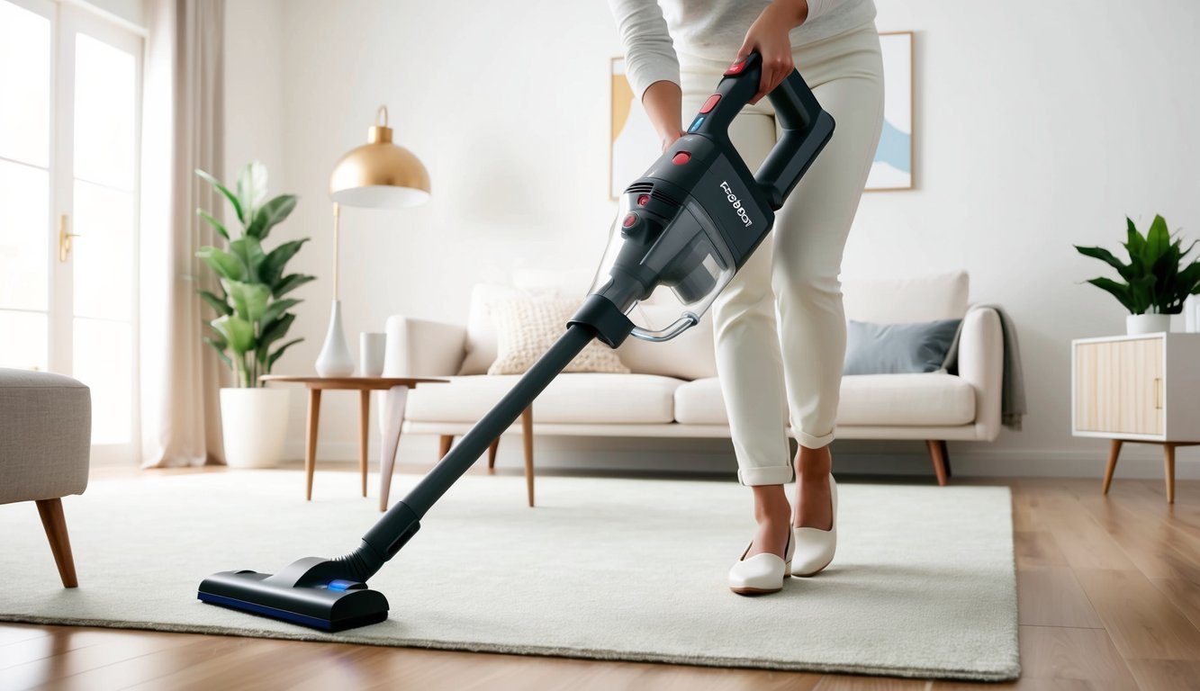 Aspirateur balai Fagor Premium 300W : Performance et Efficacité de Nettoyage 4 Un aspirateur sans fil Fagor Premium de 300W utilisé et entretenu dans une pièce propre et bien éclairée avec des meubles et un sol.