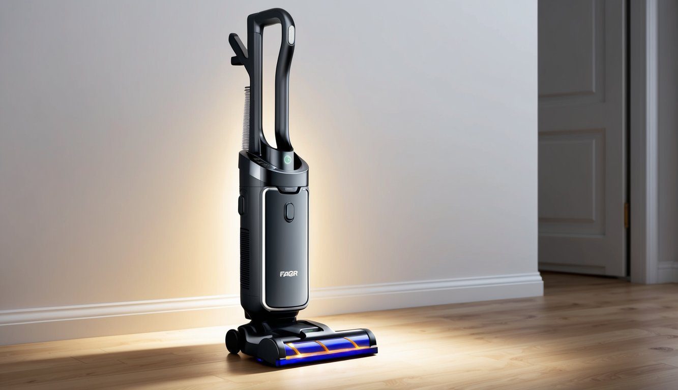 Aspirateur balai Fagor Premium 300W : Performance et Efficacité de Nettoyage 5 Un aspirateur sans fil Fagor Premium 300W élégant et moderne se tenant debout sur un sol en bois franc propre, avec une douce lueur de lumière mettant en valeur son design élégant.