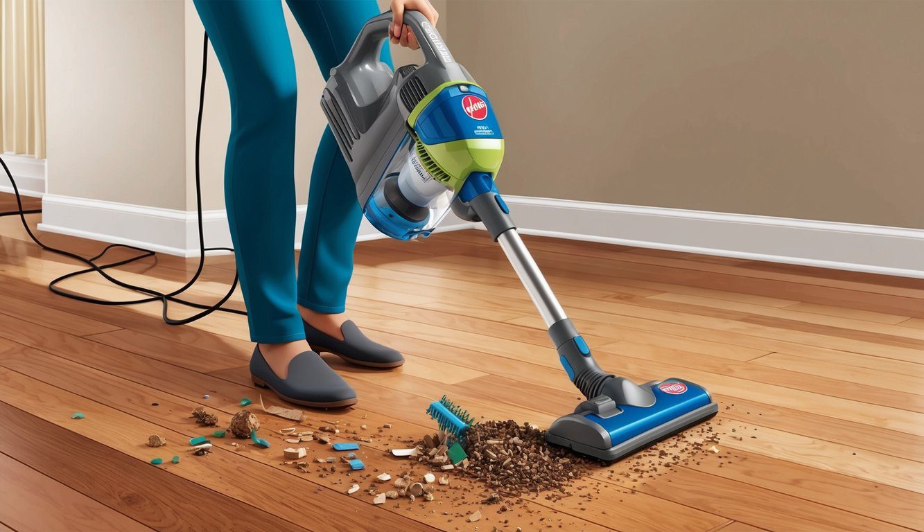 Aspirateur balai Hoover HF322TH : Performance et polyvalence au quotidien 3 Un aspirateur sans fil Hoover HF322TH nettoyant sans effort divers types de débris sur un sol en bois dur.