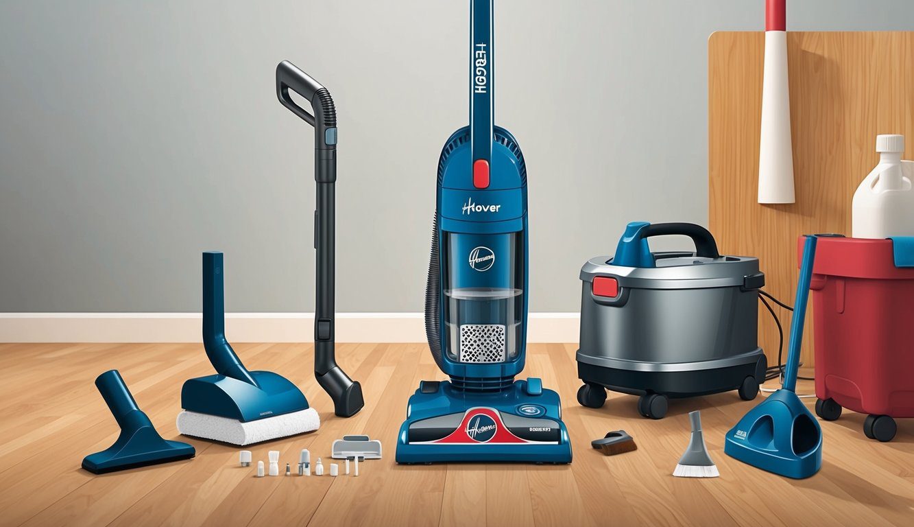 Aspirateur balai Hoover HF322TH : Performance et polyvalence au quotidien 5 Un aspirateur sans fil Hoover HF322TH entouré d'accessoires de nettoyage et d'outils d'entretien