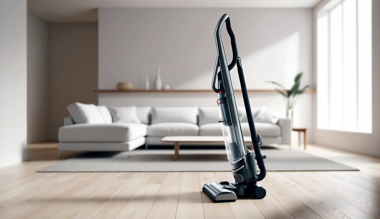 Aspirateur balai Hoover HF322TH : Performance et polyvalence au quotidien 6 Un aspirateur élégant et moderne se tenant debout sur un sol en bois franc propre, avec un salon minimaliste en arrière-plan.