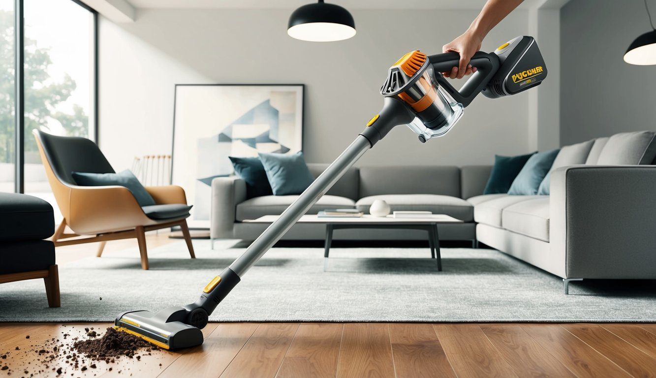 Aspirateur balai Kärcher VC7 : Performance et efficacité au quotidien 3 Un aspirateur-balai sans fil Kärcher VC7 nettoyant la saleté et les débris dans un salon moderne avec des meubles élégants et des sols en bois franc.