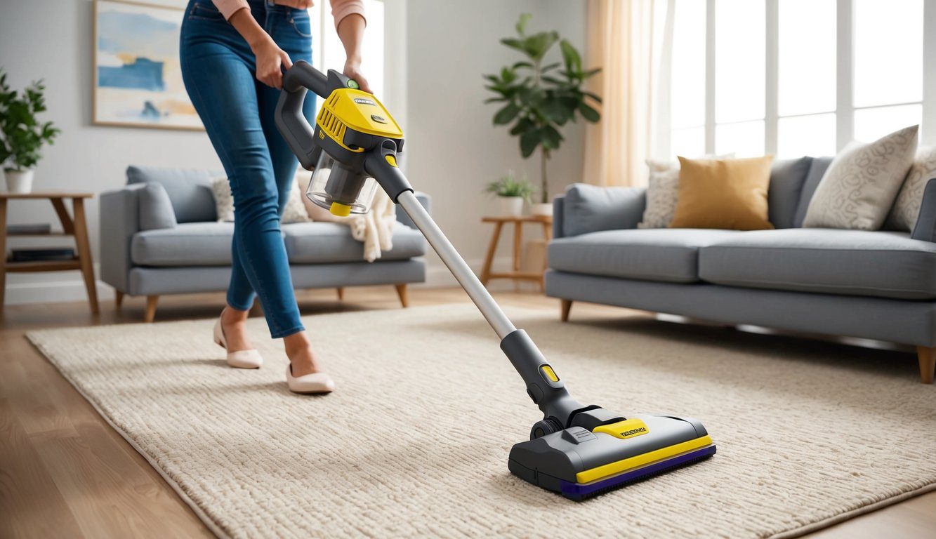 Aspirateur balai Kärcher VC7 : Performance et efficacité au quotidien 5 Un aspirateur sans fil Kärcher VC7 glisse sans effort sur le sol d'un salon confortable, manœuvrant facilement autour des meubles et atteignant chaque coin pour un nettoyage en profondeur.