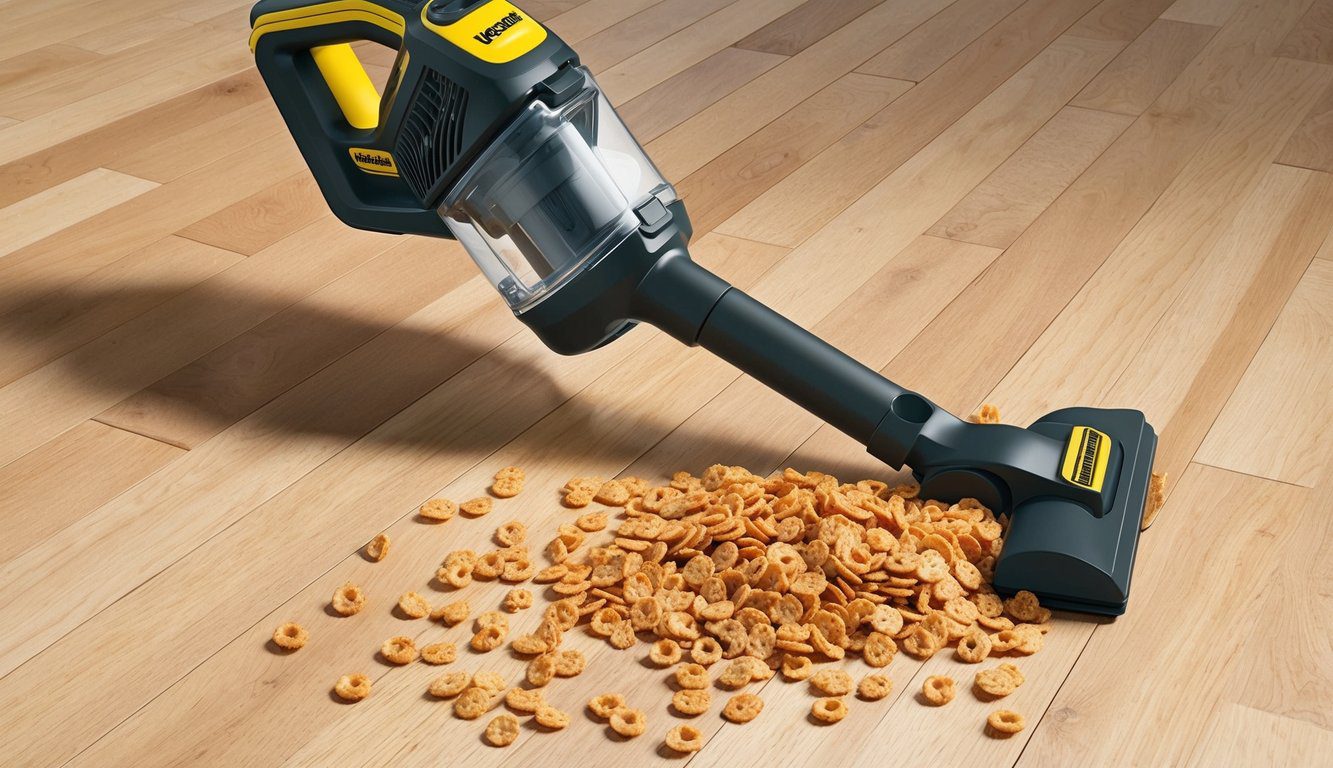 Aspirateur balai Kärcher VC7 : Performance et efficacité au quotidien 6 Un aspirateur sans fil Kärcher VC7 nettoie facilement les céréales renversées sur un sol en bois.