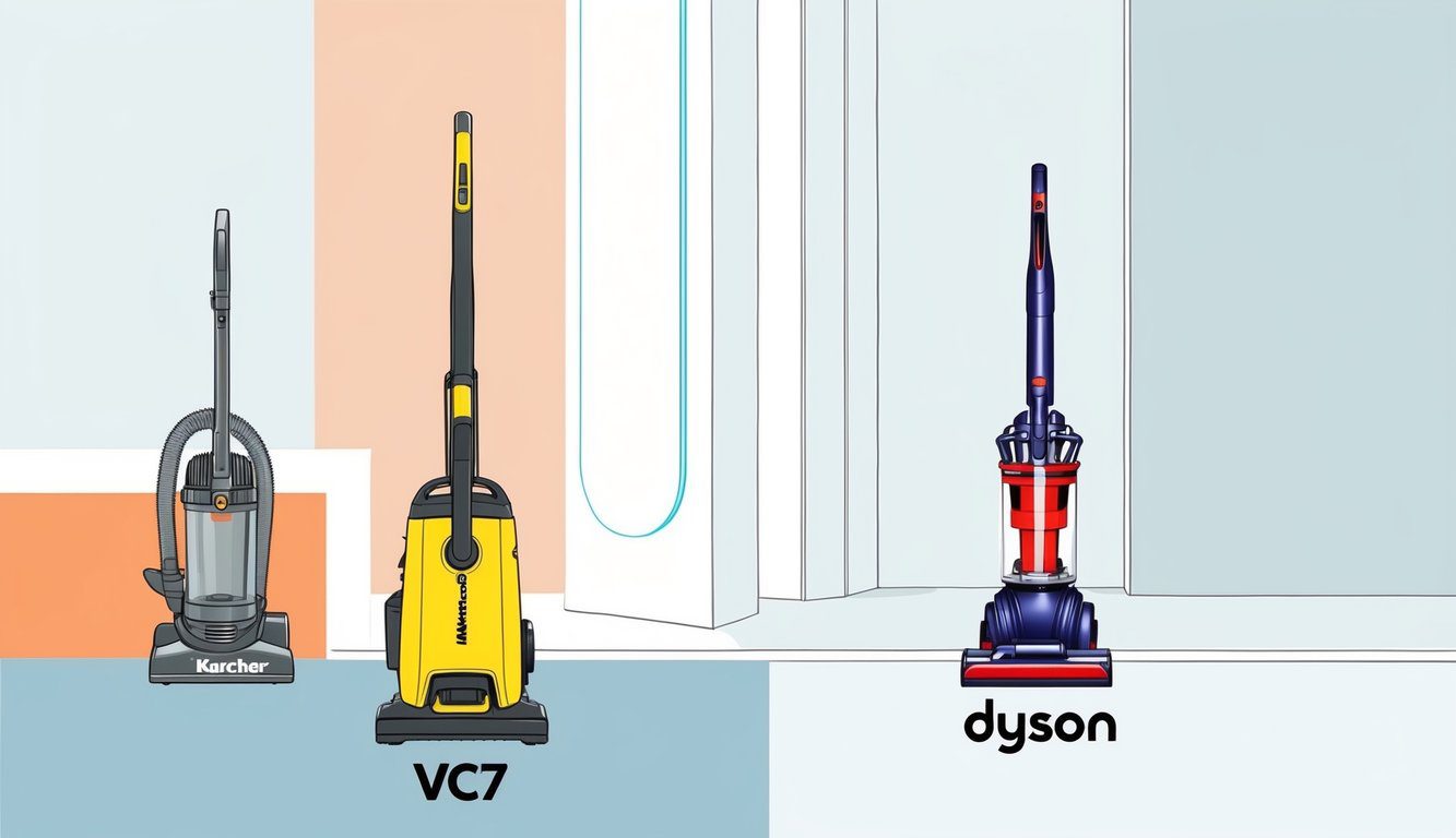 Une comparaison des aspirateurs Kärcher VC7 et Dyson dans un cadre moderne et minimaliste avec des lignes épurées et des couleurs contrastées.