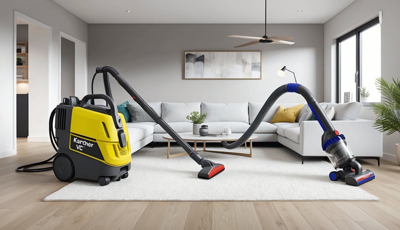 Un aspirateur Kärcher VC7 et Dyson effectuant des démonstrations de nettoyage dans un salon moderne.