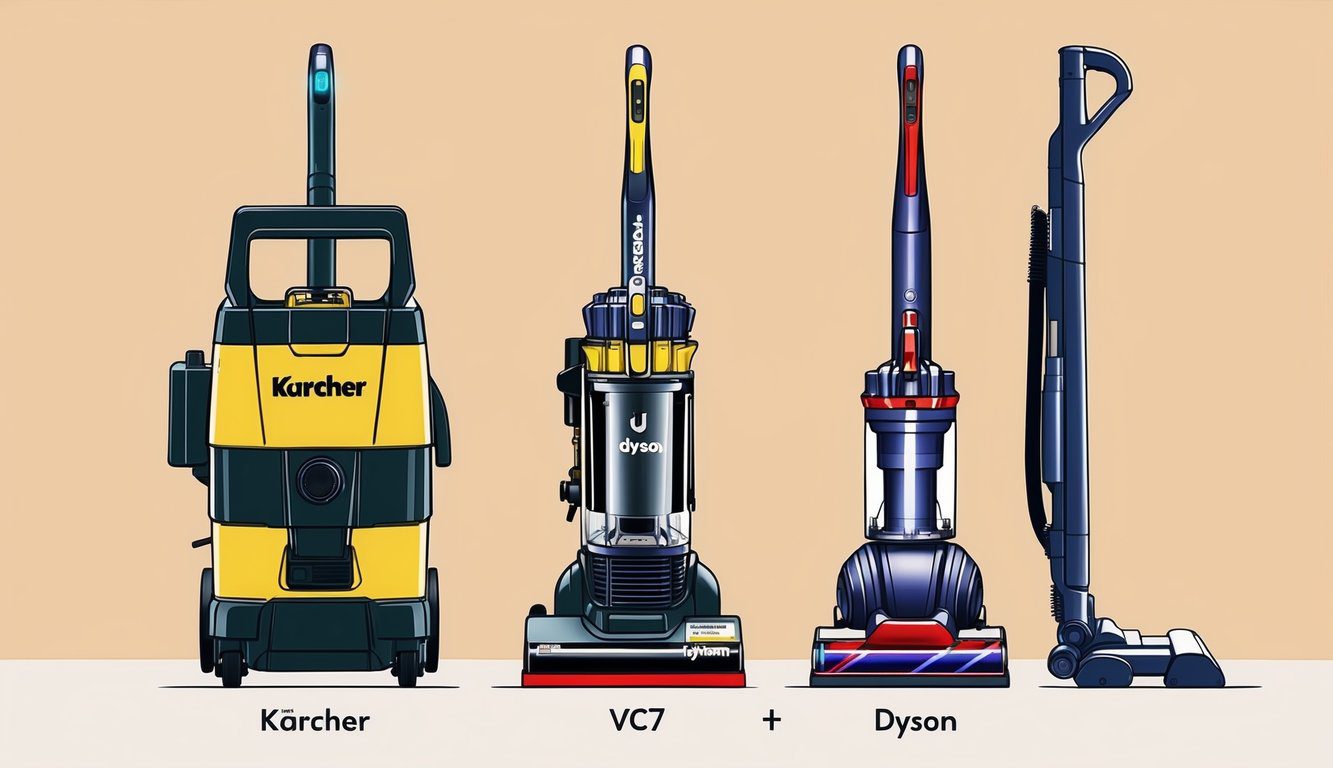 Un aspirateur Kärcher VC7 et un aspirateur Dyson sont côte à côte, chacun avec un indicateur de batterie et de puissance, prêts pour la comparaison.