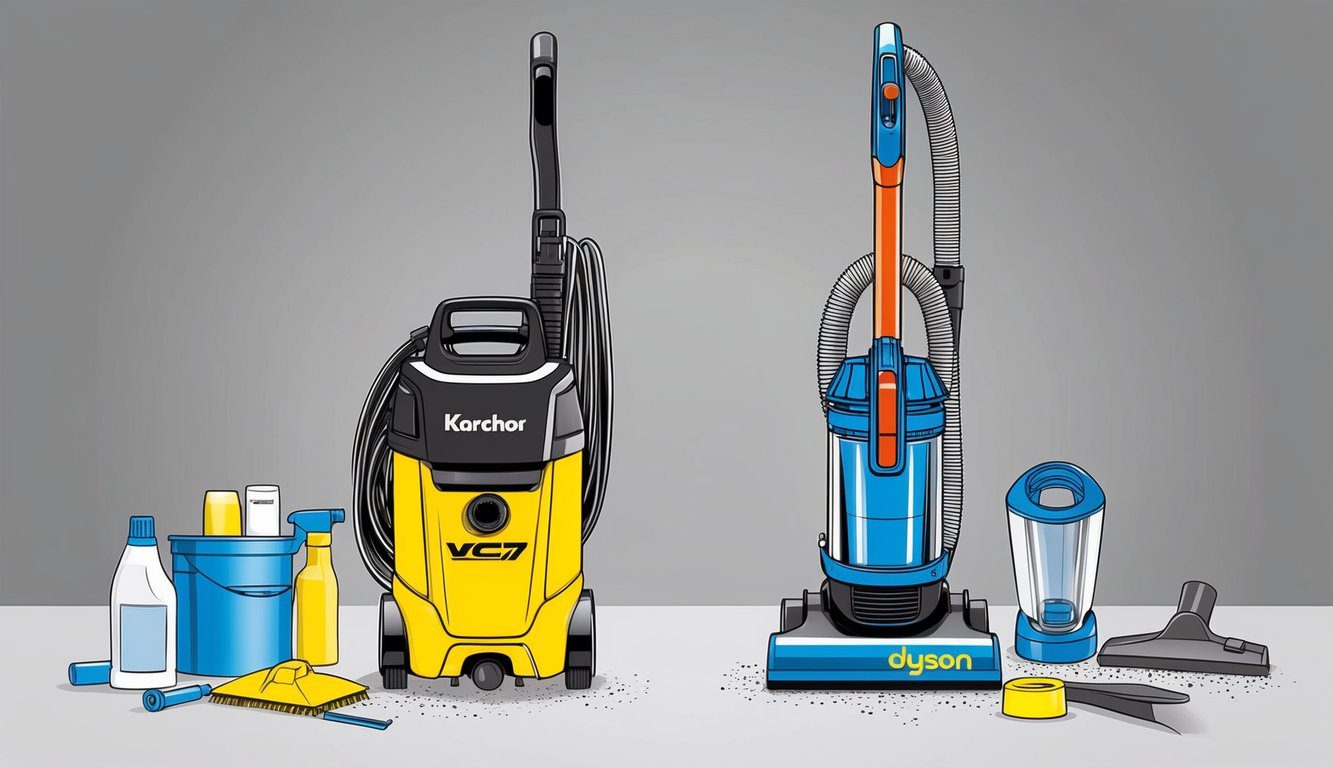 Un aspirateur Kärcher VC7 et un aspirateur Dyson sont côte à côte, entourés d'outils et de fournitures de nettoyage, mettant en évidence le contraste entre l'entretien et la durabilité.