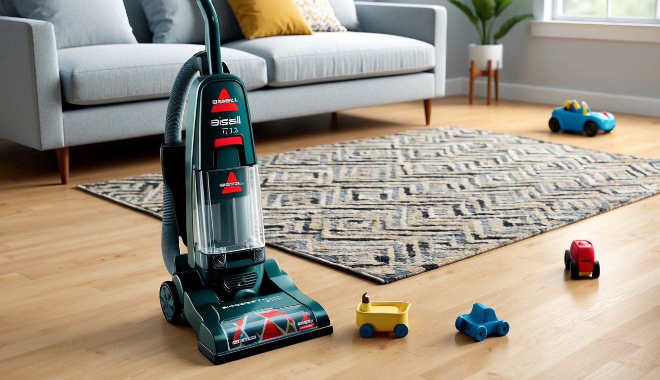 Un aspirateur Bissell 17132 dans un salon bien rangé avec un tapis à motifs et quelques jouets éparpillés sur le sol