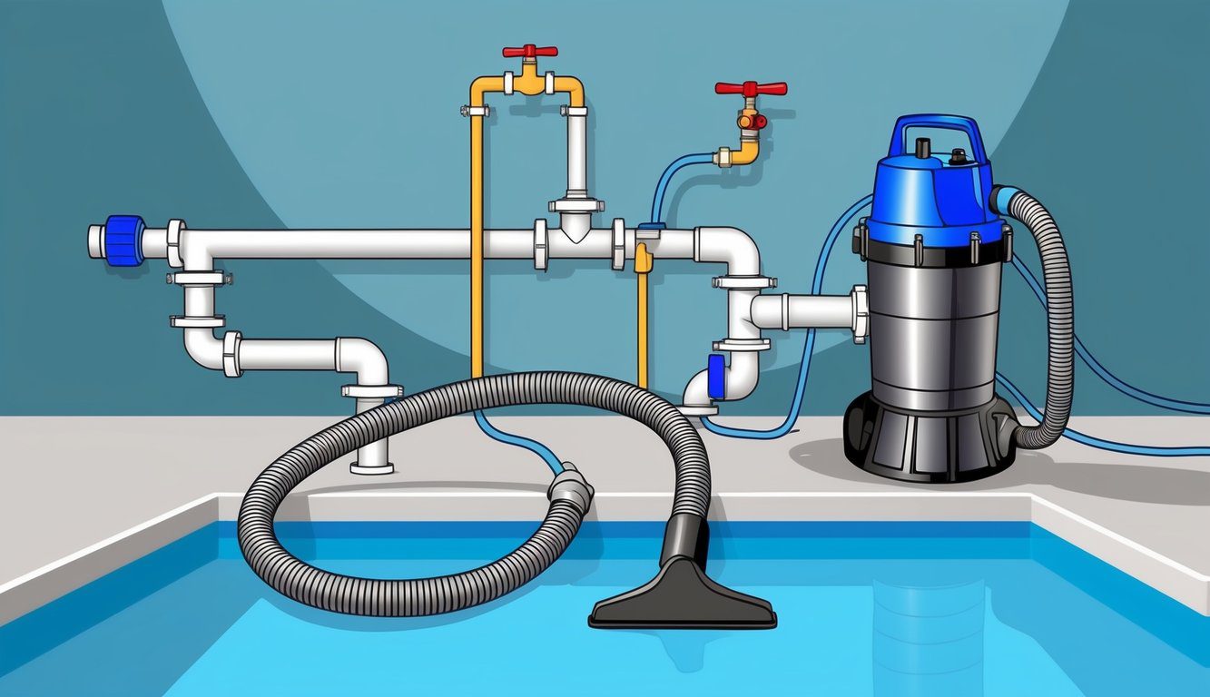 Comment brancher un aspirateur de piscine sur la pompe : Guide étape par étape 2 Un tuyau de nettoyage de piscine connecté à une pompe à travers une série de tuyaux et de vannes, avec la tête d'aspiration reposant sur le fond de la piscine.