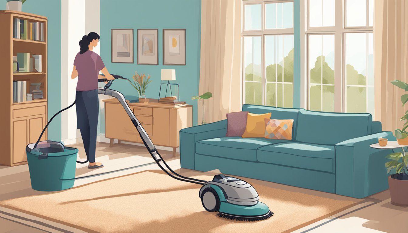 Guide achat Shampouineuse : Choisir le meilleur modèle pour un nettoyage efficace 3 Une personne utilisant un nettoyeur de tapis pour nettoyer un tapis dans un salon bien éclairé avec des meubles poussés sur le côté.