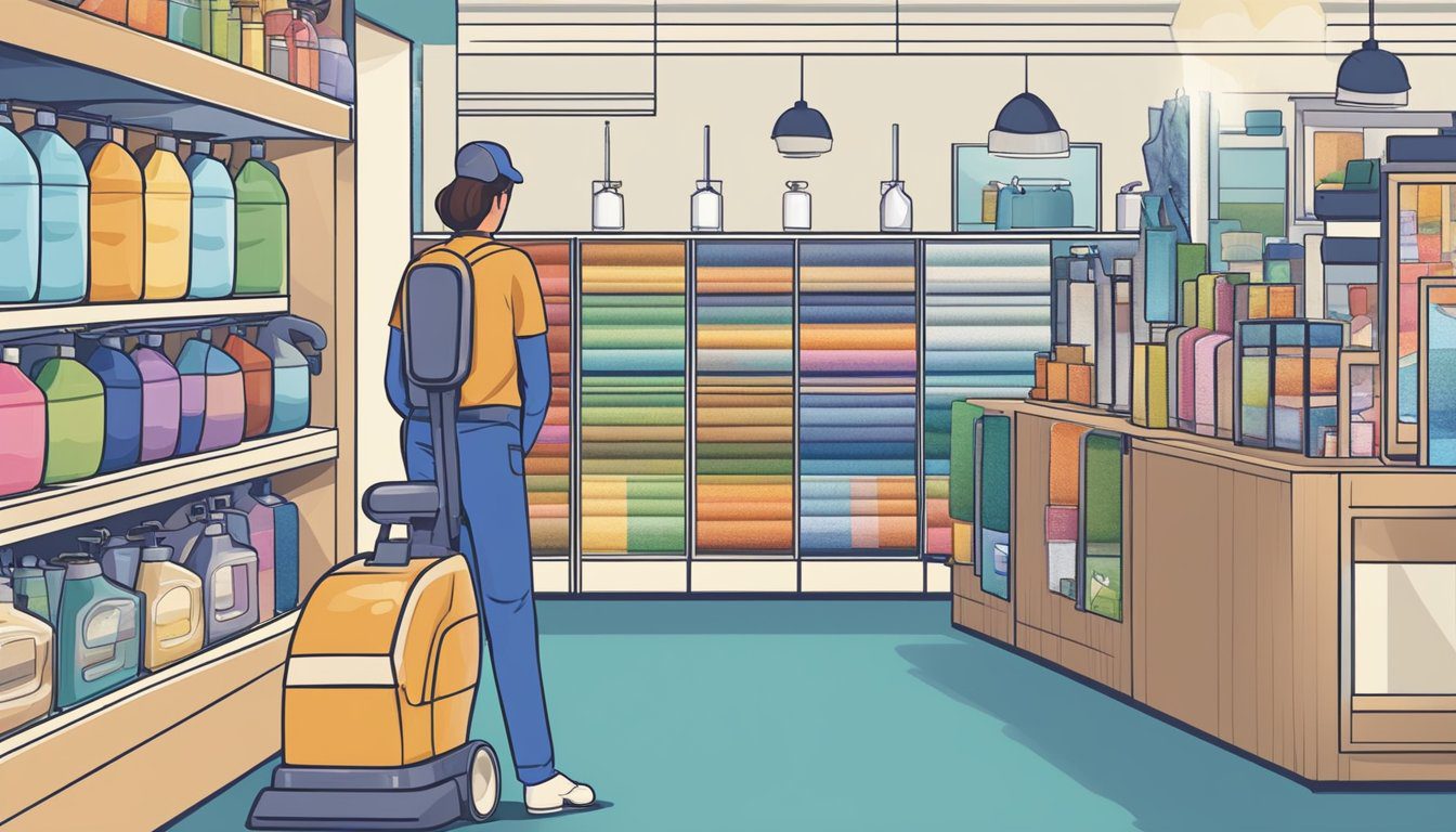 Guide achat Shampouineuse : Choisir le meilleur modèle pour un nettoyage efficace 4 Une personne comparant différents nettoyeurs de tapis dans un magasin, examinant les caractéristiques et les spécifications.