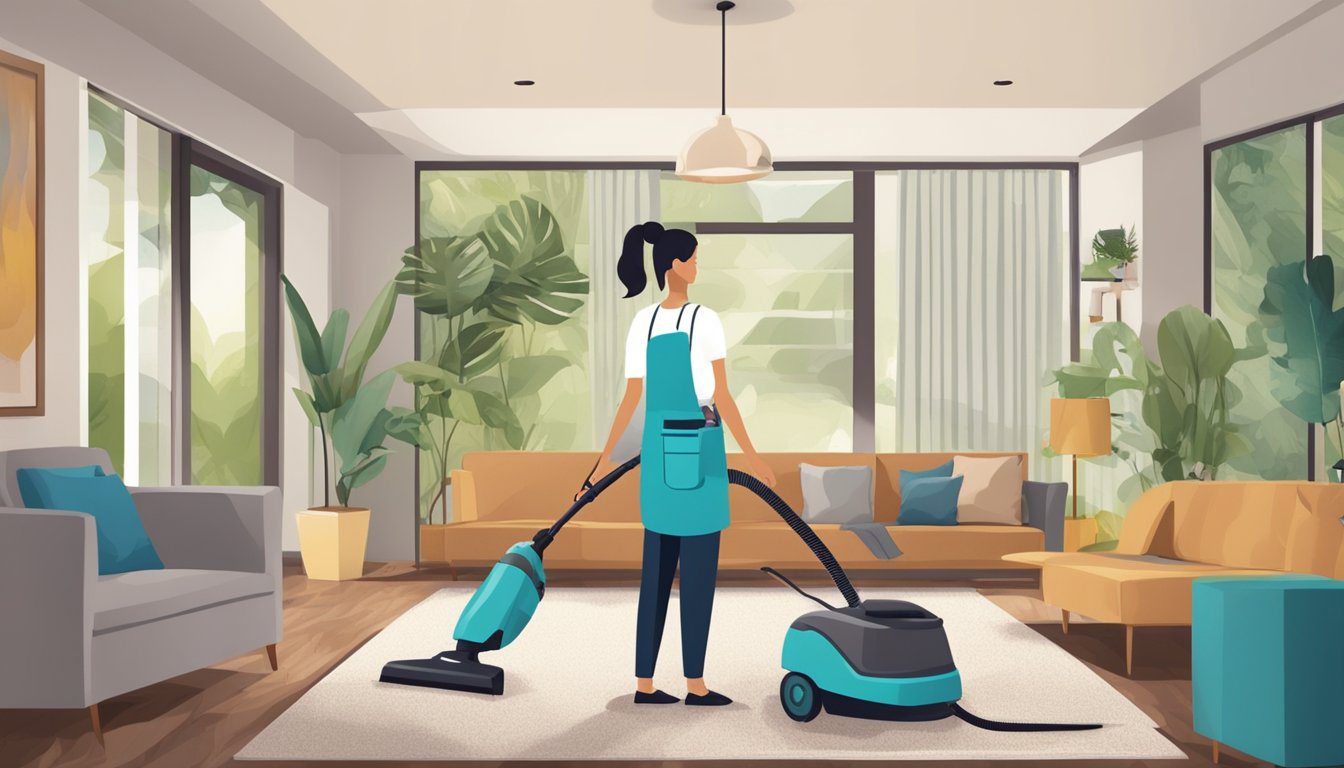 Guide achat Shampouineuse : Choisir le meilleur modèle pour un nettoyage efficace 5 Une shampouineuse utilisée pour nettoyer un tapis dans un salon, avec des meubles et des décorations entourant la zone.