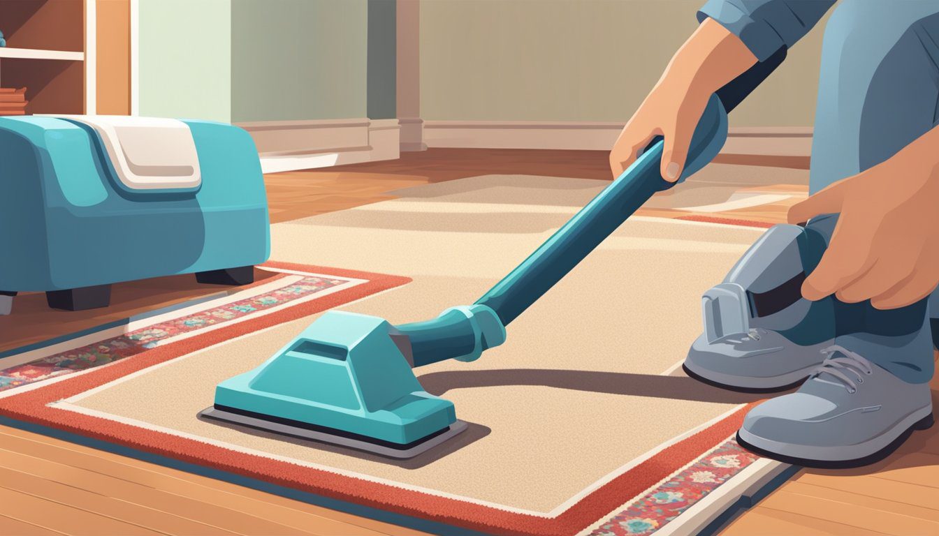 Guide achat Shampouineuse : Choisir le meilleur modèle pour un nettoyage efficace 6 Une personne utilisant un nettoyeur de tapis pour nettoyer un tapis, avec divers produits et outils de nettoyage à proximité.