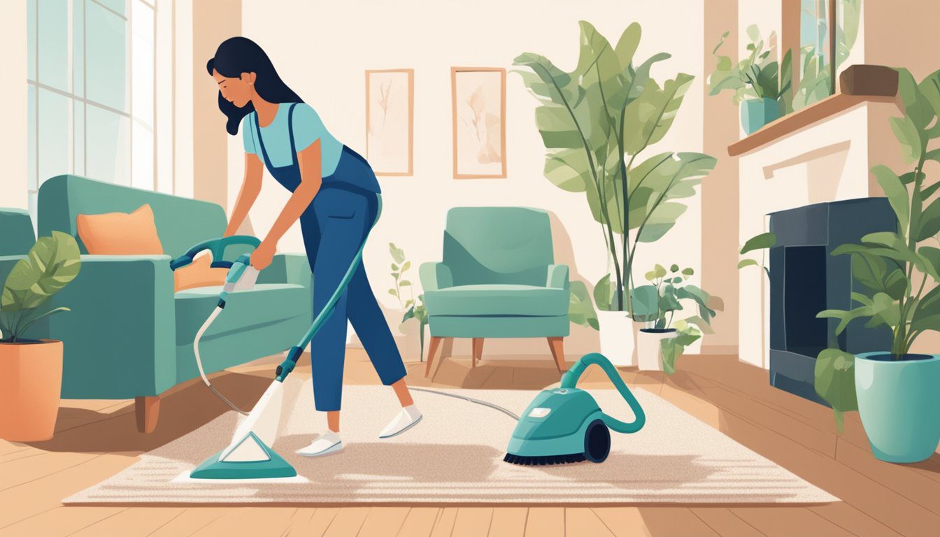 Guide achat Shampouineuse : Choisir le meilleur modèle pour un nettoyage efficace 7 Une femme utilisant un nettoyeur de tapis pour nettoyer un tapis dans un salon bien éclairé avec des meubles et des plantes.