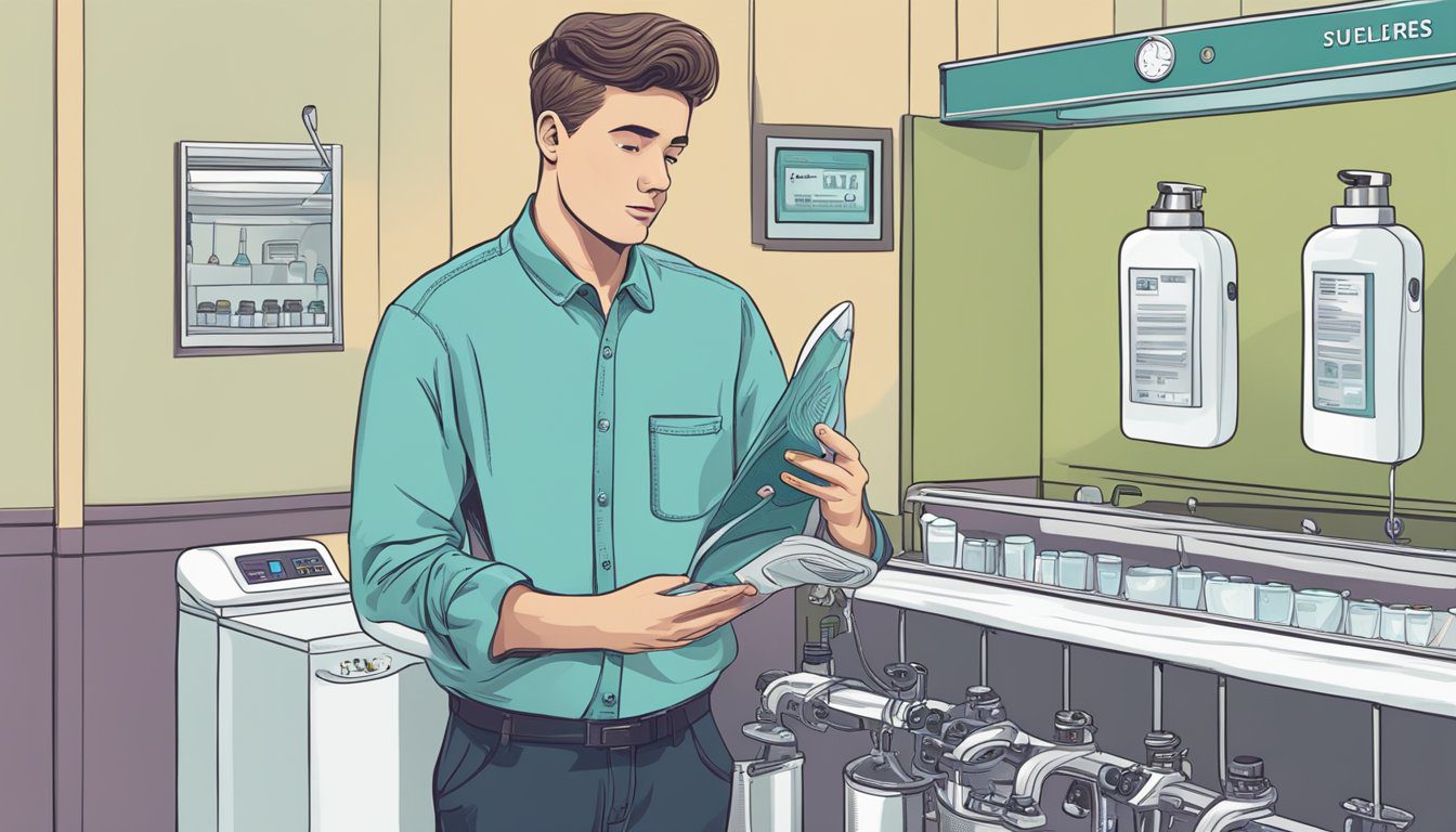 Guide achat Shampouineuse : Choisir le meilleur modèle pour un nettoyage efficace 8 Une personne lisant un "Guide des questions fréquemment posées" tout en tenant une machine à shampooing et en ayant l'air confus.