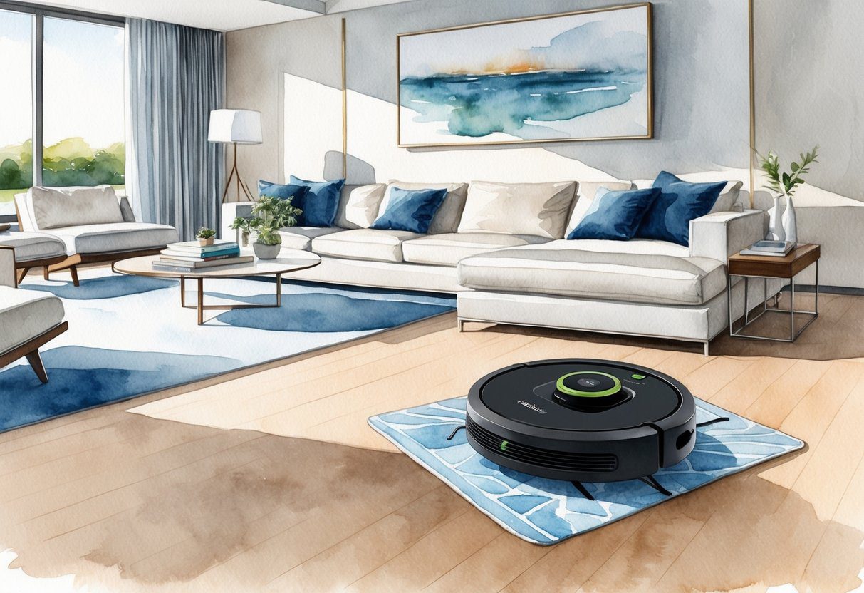 Un robot aspirateur et serpillère Roomba dans un salon moderne, avec des meubles élégants et des lignes épurées