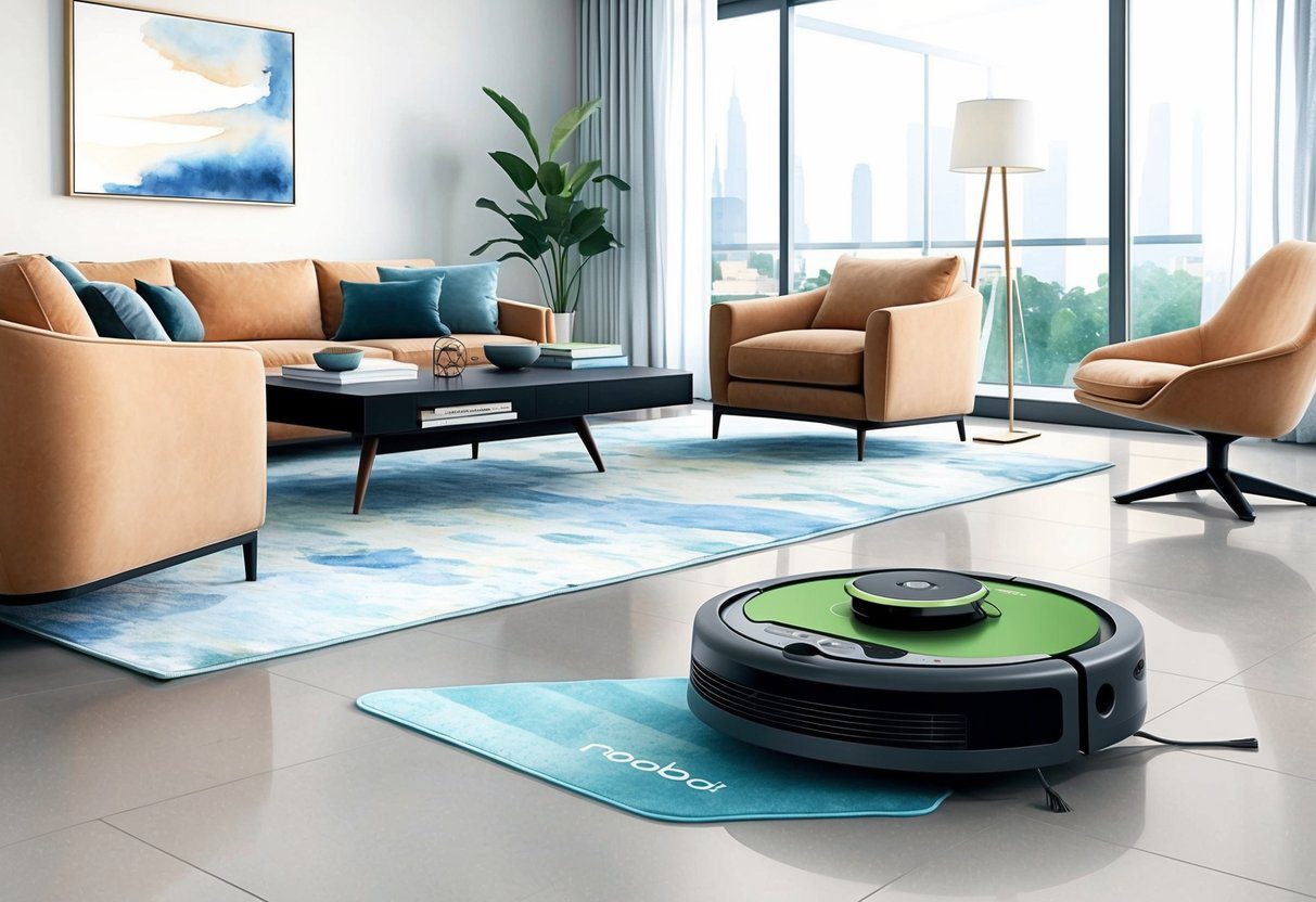 Un robot aspirateur et nettoyeur iRobot Roomba dans un salon moderne, naviguant autour des meubles et nettoyant le sol.