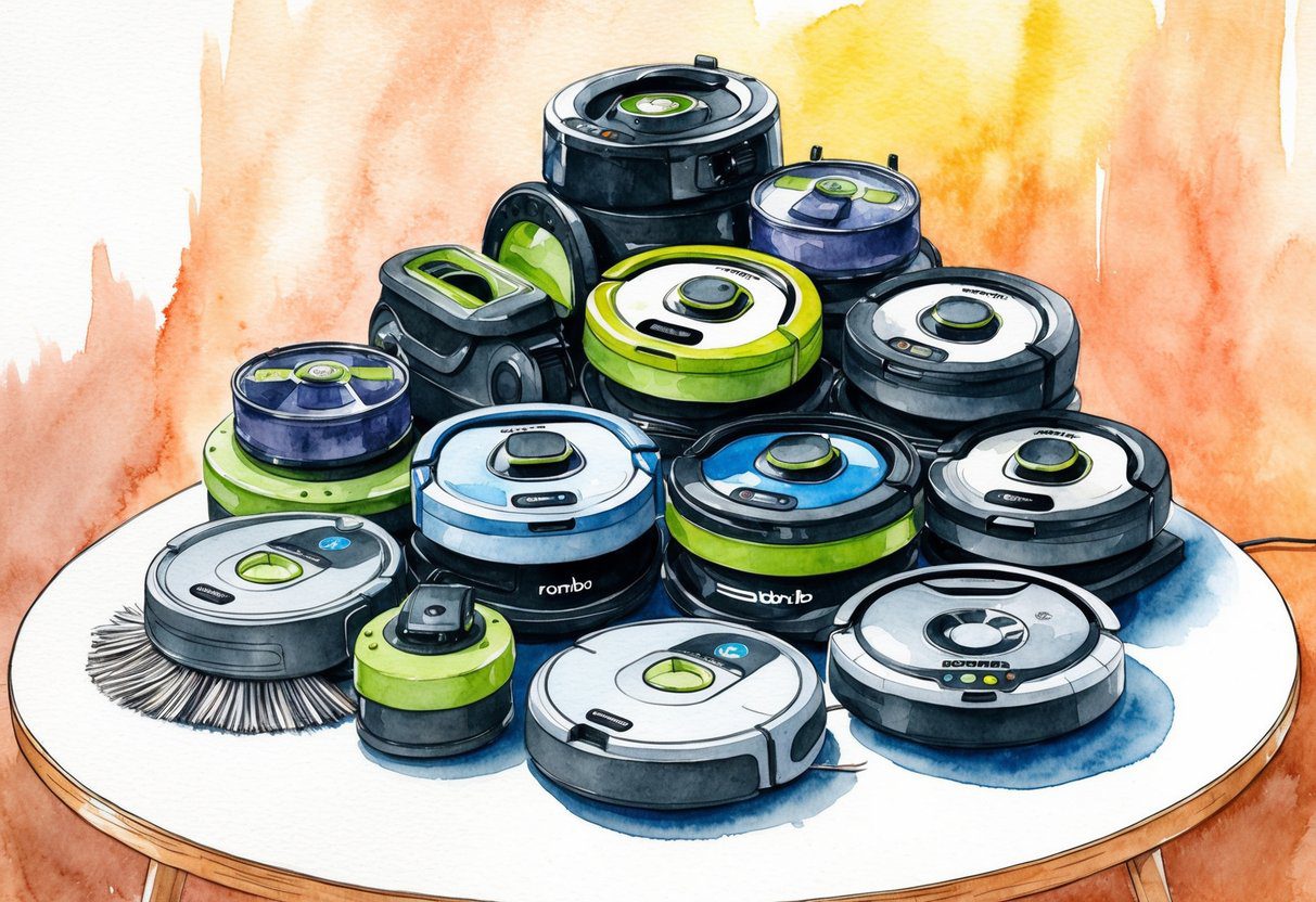 Une pile de pièces de robots aspirateurs et nettoyeurs Roomba disposées sur une table pour l'illustration d'un guide d'achat