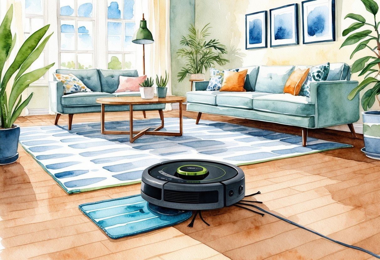 Un robot aspirateur Roomba Combo Essential nettoyant le sol dans un salon bien rangé avec des meubles et des plantes.