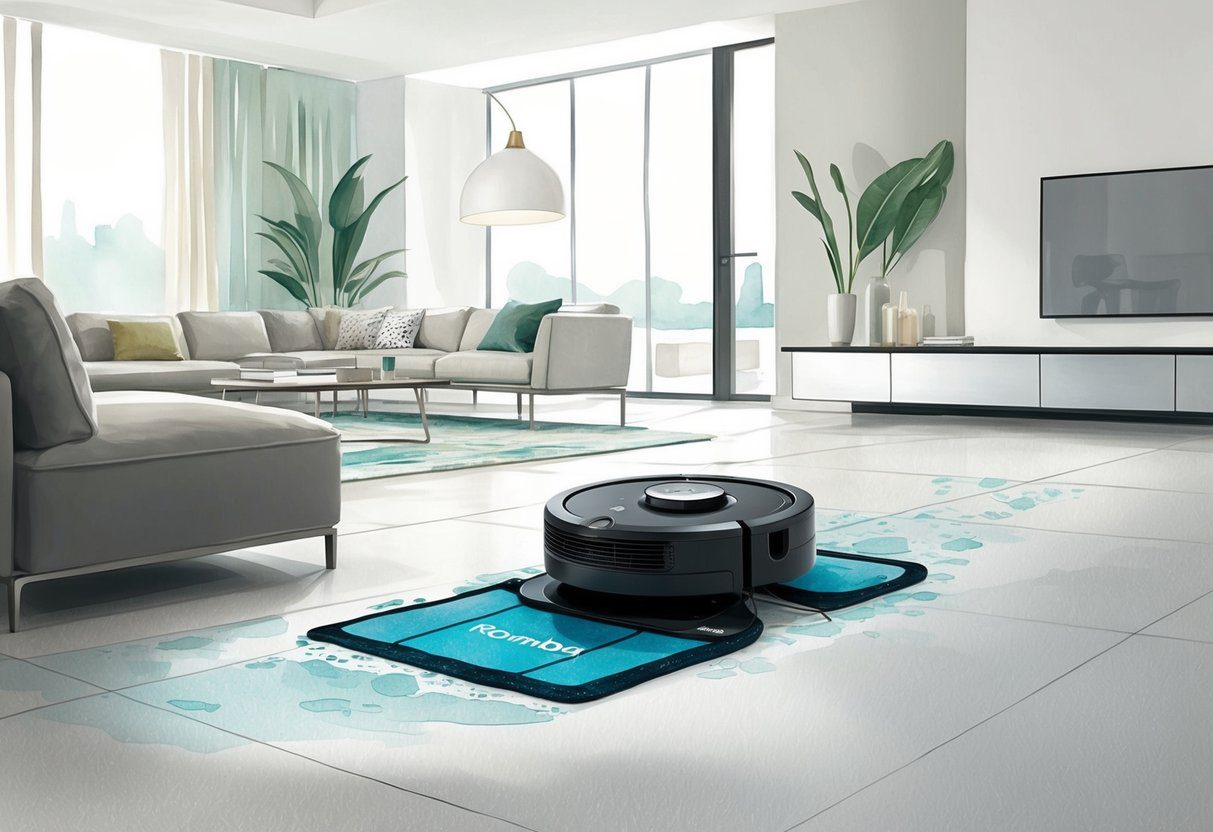 Un robot aspirateur Roomba Combo Essential nettoyant le sol dans un salon moderne, dégagé, avec des meubles élégants et une décoration minimaliste.