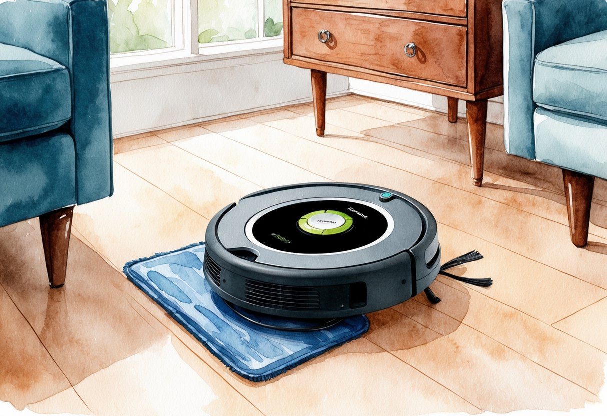 Un robot aspirateur et mop Roomba Combo Essential en action, naviguant autour des meubles et nettoyant le sol.