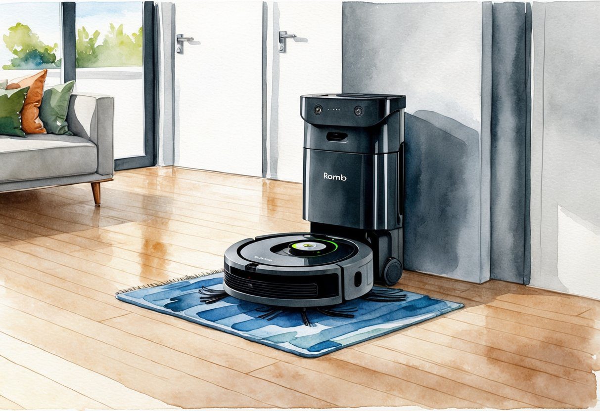 Un robot aspirateur et serpillère Roomba Combo Essential en action, nettoyant une variété de surfaces dans une maison moderne.