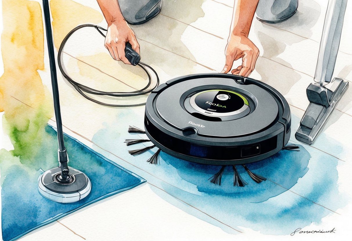 Un robot Roomba Combo Essential est en cours de programmation et de test pour le nettoyage et le lavage.