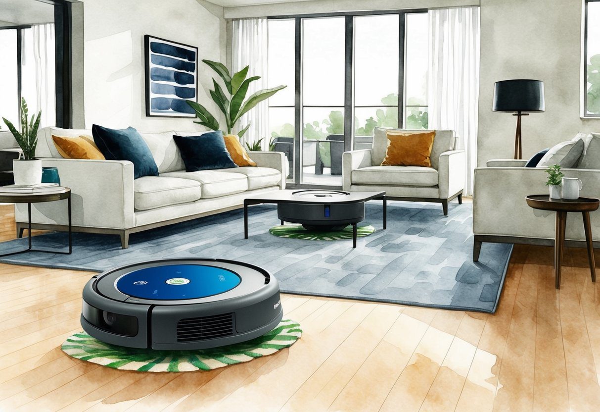 Un robot Roomba Combo Essential qui nettoie le sol dans un salon moderne et dégagé.