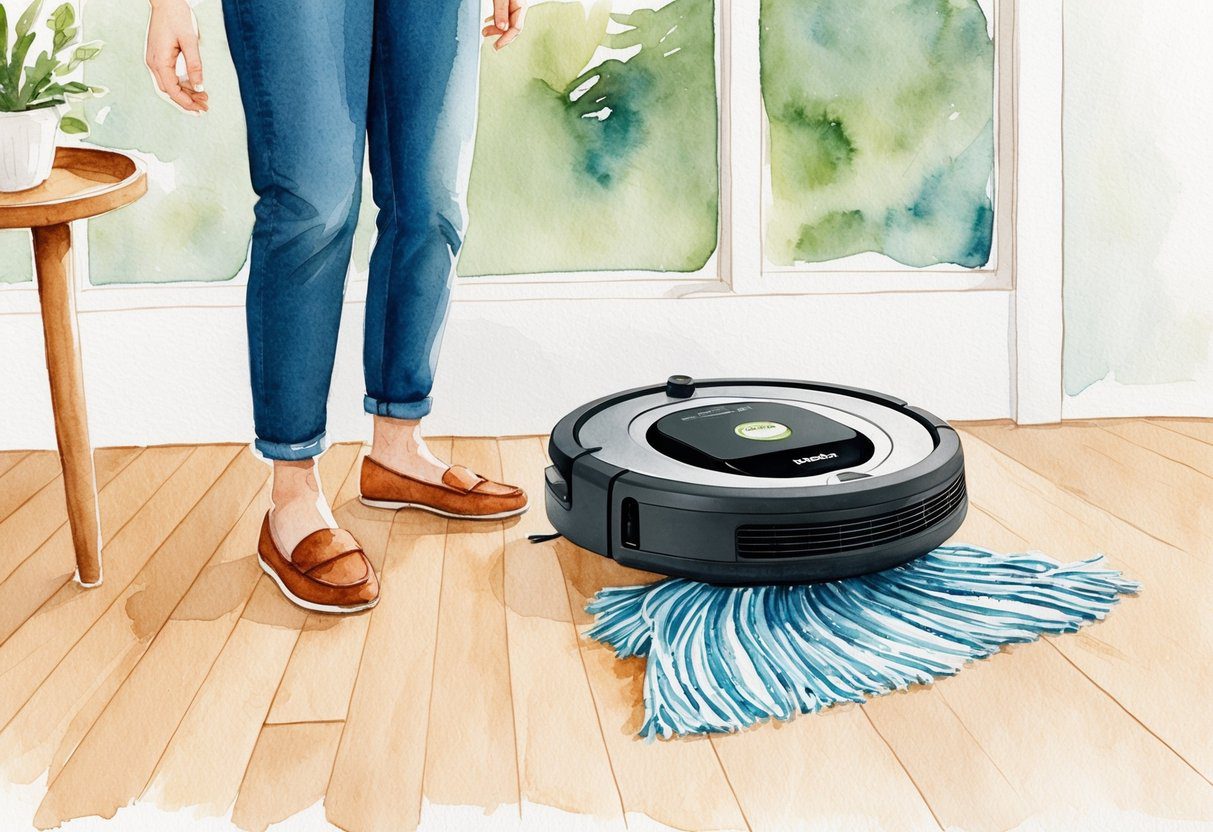 Un robot aspirateur Roomba Combo Essential nettoyant le sol pendant qu'un utilisateur regarde.